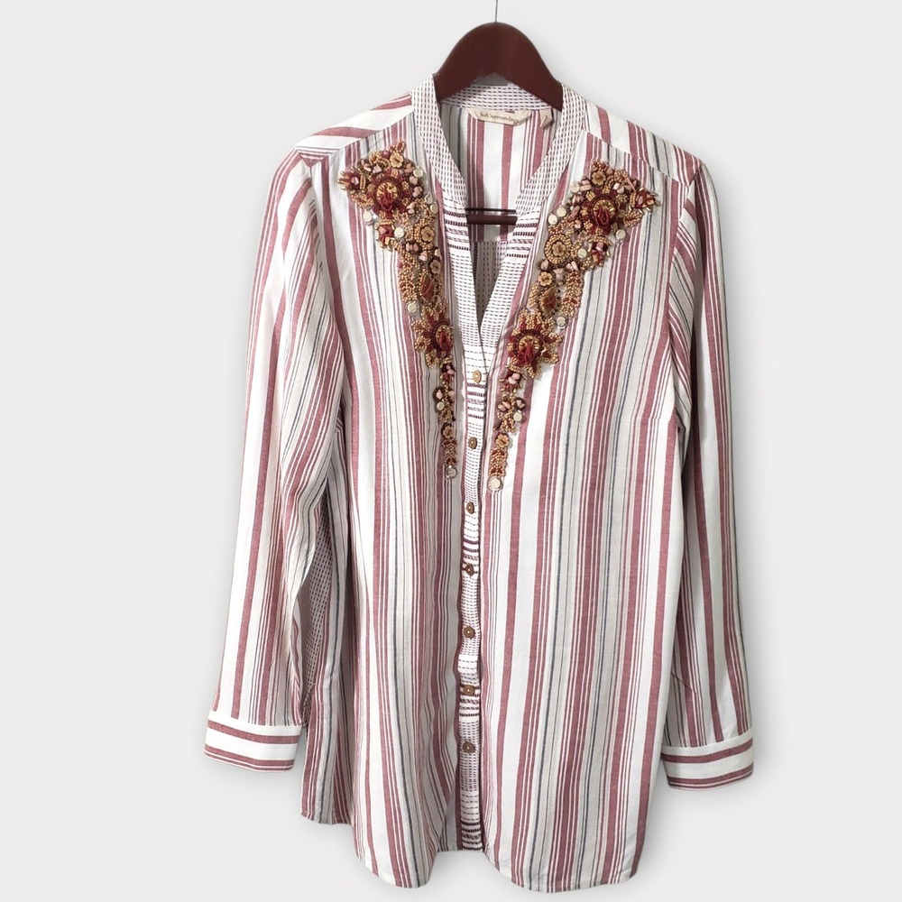 Soft Surroundings Repose Berry Stripe Beaded Button Down Tunic Top Red Medium
